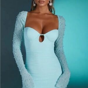 Oh Polly Aqua Embellished Long Sleeve Mini Dress
